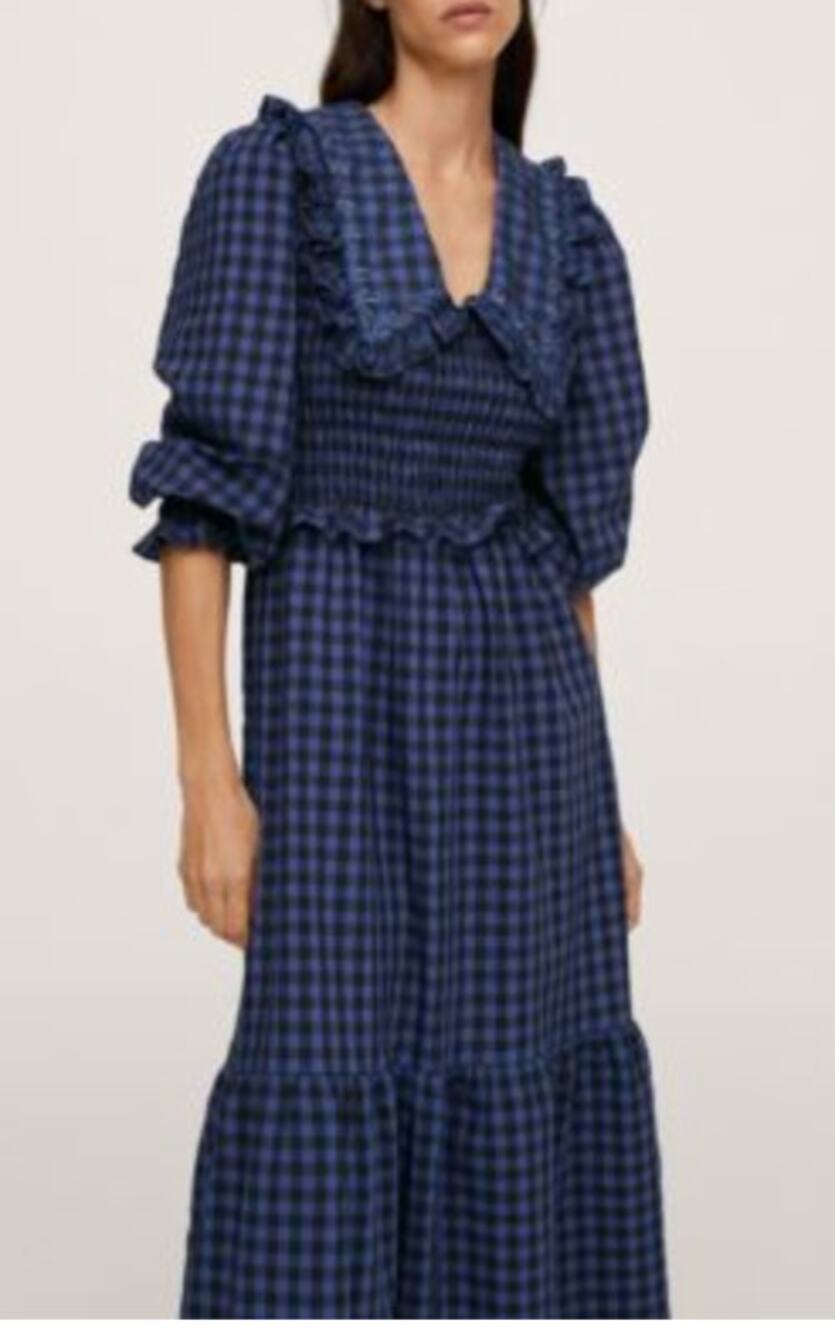 NWT Mango Reserve Babydoll Collar Gingham Dress, Medium Blue Small